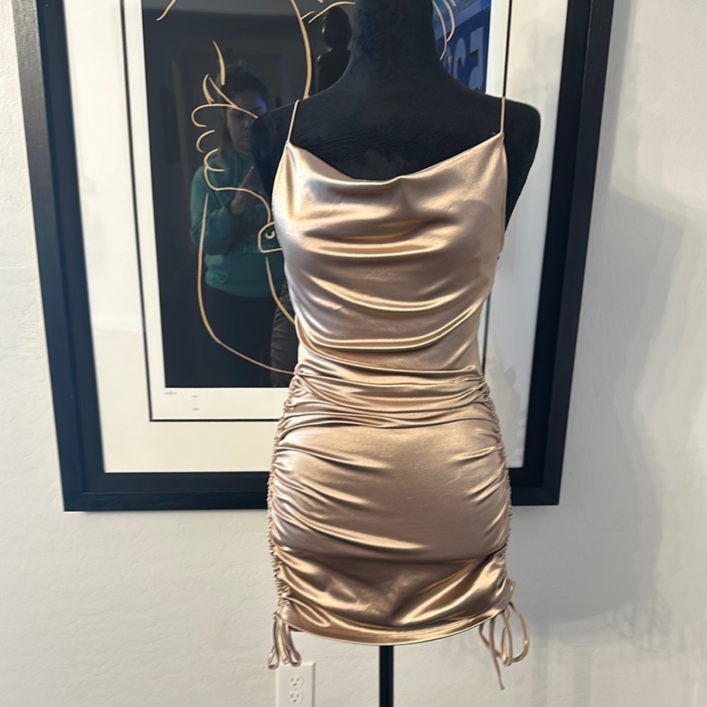 Gold Ruched Bodycon Mini Dress Spaghetti Strap